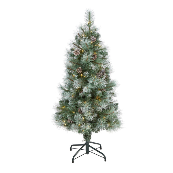 4’ Frosted Tip British Columbia Mountain Pine Artificial Christmas Tree with 100 Clear Lights, Pine Cones and 228 Bendable Branches