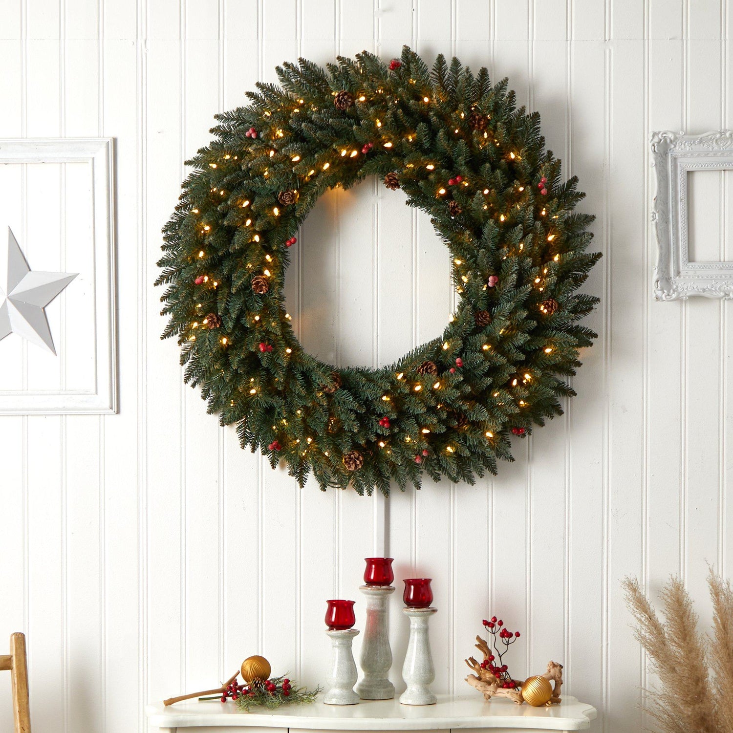 4’ Large Flocked Wreath with Pinecones, Berries, 150 Clear LED Lights and 400 Bendable Branches