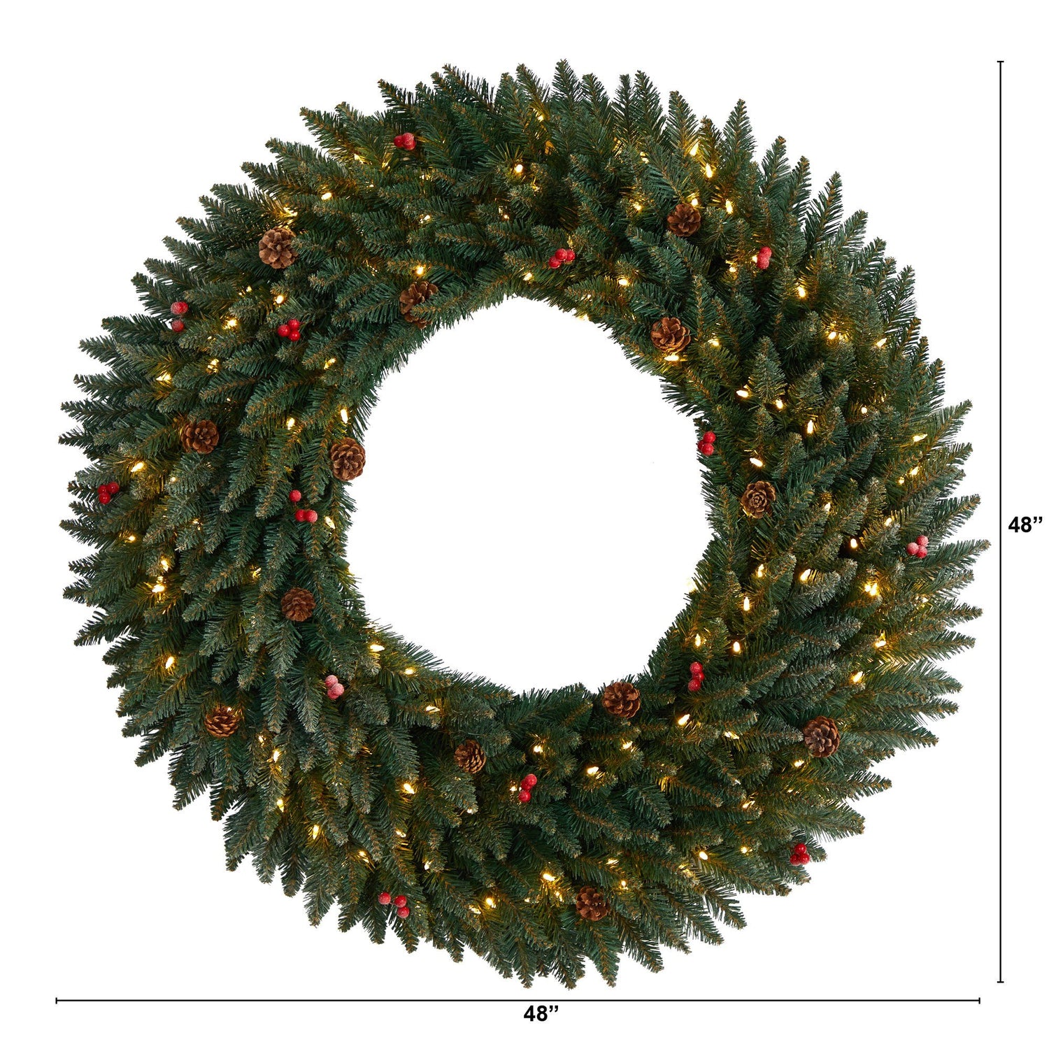 4’ Large Flocked Wreath with Pinecones, Berries, 150 Clear LED Lights and 400 Bendable Branches