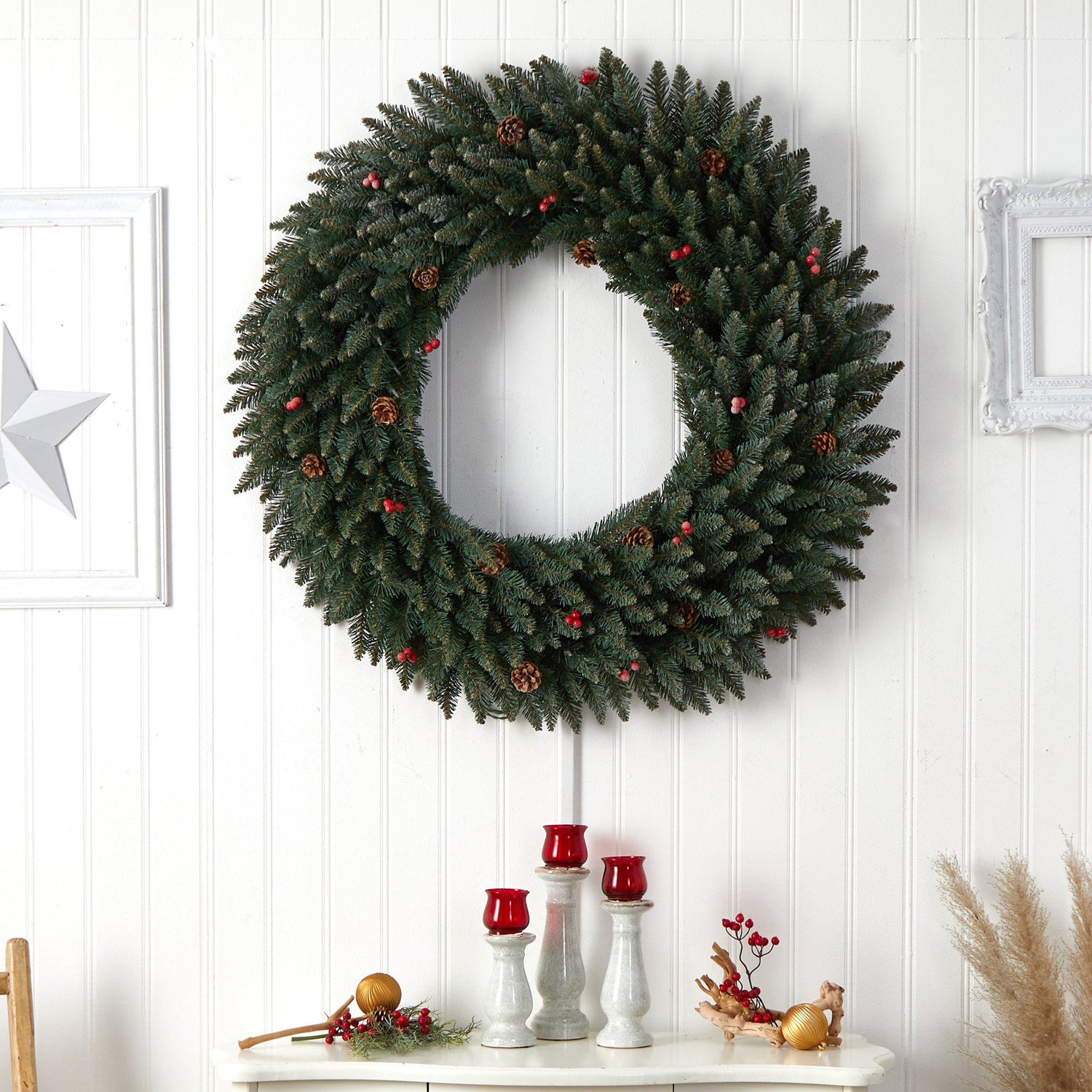 4’ Large Flocked Wreath with Pinecones, Berries, 150 Clear LED Lights and 400 Bendable Branches