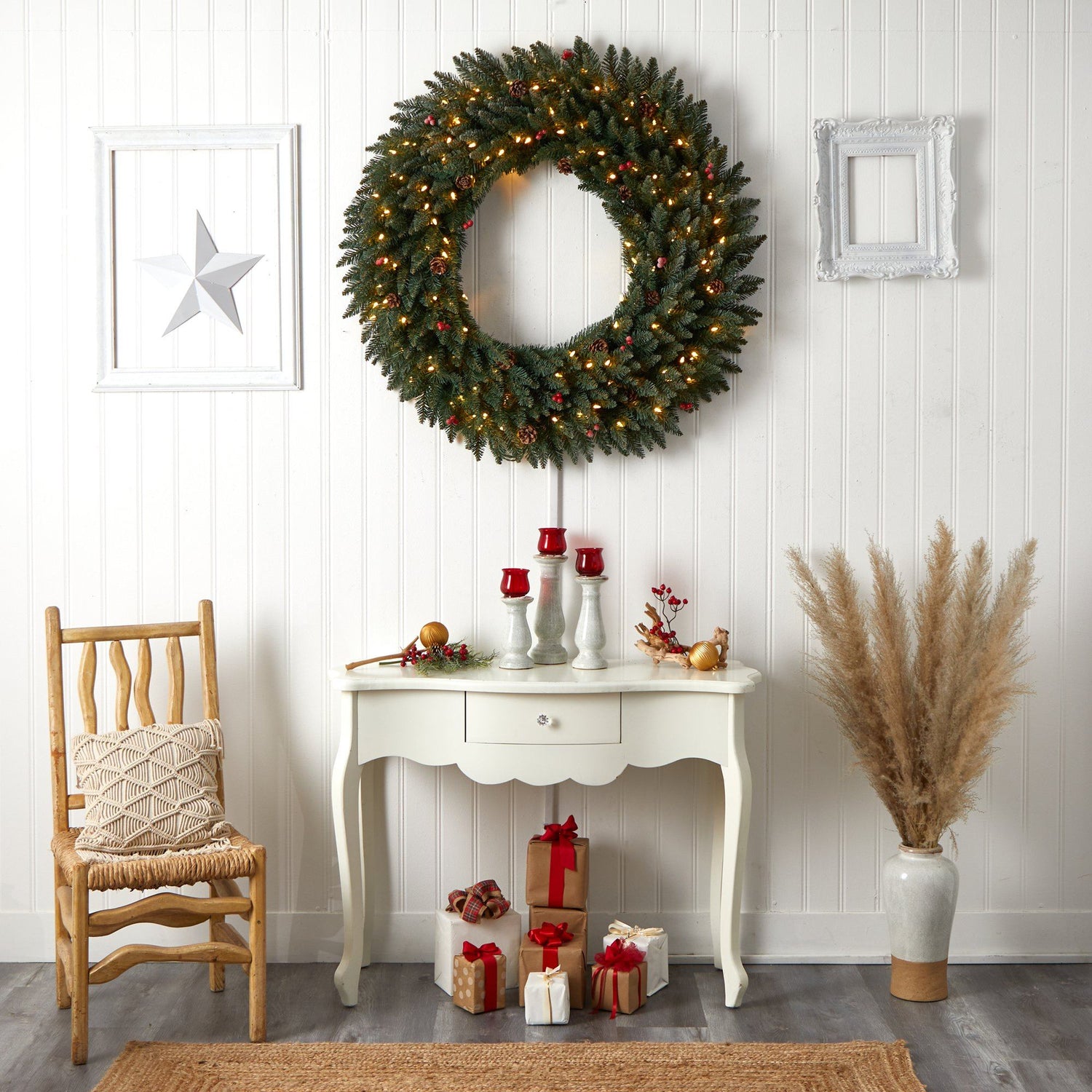 4’ Large Flocked Wreath with Pinecones, Berries, 150 Clear LED Lights and 400 Bendable Branches