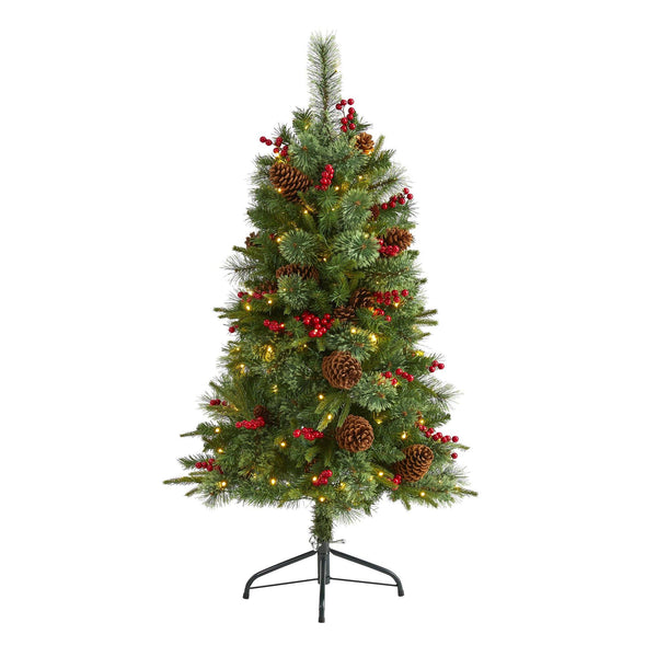 4’ Norway Mixed Pine Artificial Christmas Tree with 150 Clear LED Lights, Pine Cones and Berries