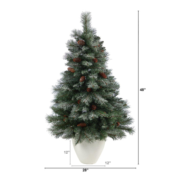 4’ Snowed French Alps Mountain Pine Artificial Christmas Tree with 237 Bendable Branches and Pine Cones in White Planter