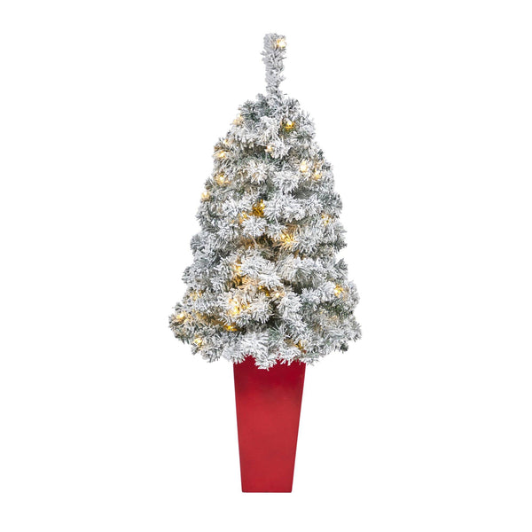 44” Flocked Rock Springs Spruce Artificial Christmas Tree with 50 Clear LED Lights in Red Tower Planter