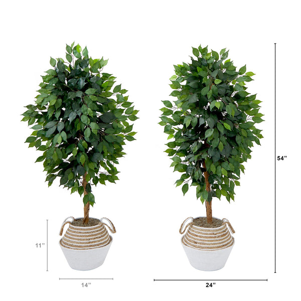 4.5' Artificial Ficus Tree with Double Trunk in a Handmade Cotton & Jute Basket DIY KIT - Set of 2