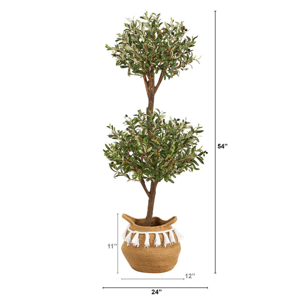 4.5' Artificial Olive Double Topiary with Handmade Jute & Cotton Basket with Tassels