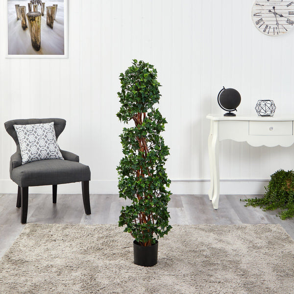 4.5’ English Ivy Spiral Topiary Artificial Tree with Natural Trunk UV Resistant (Indoor/Outdoor)