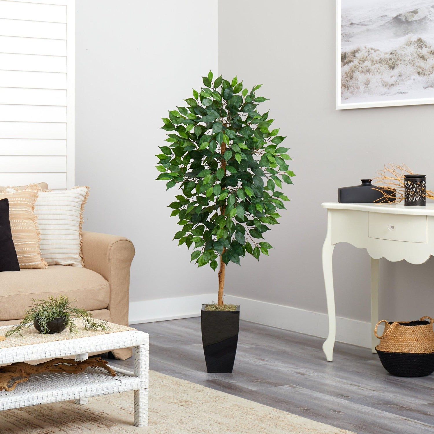 4.5’ Ficus Artificial Tree in Black Metal Planter