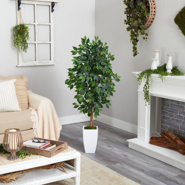 4.5’ Ficus Artificial Tree in White Metal Planter