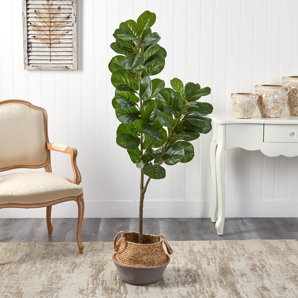 4.5’ Fiddle Leaf Fig Artificial Tree with Boho Chic Handmade Cotton and Jute White Woven Planter