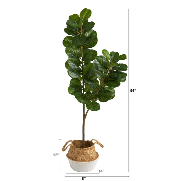 4.5’ Fiddle Leaf Fig Artificial Tree with Boho Chic Handmade Cotton & Jute White Woven Planter