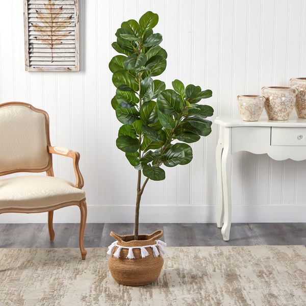 4.5’ Fiddle Leaf Fig Tree with Boho Chic Handmade Natural Cotton Woven Planter with Tassels