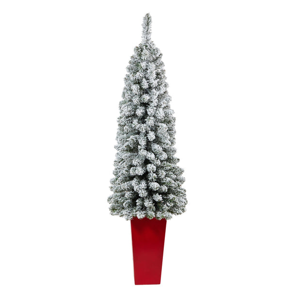 4.5’ Flocked Pencil Artificial Christmas Tree with 100 Clear Lights and 216 Bendable Branches in Tower Planter