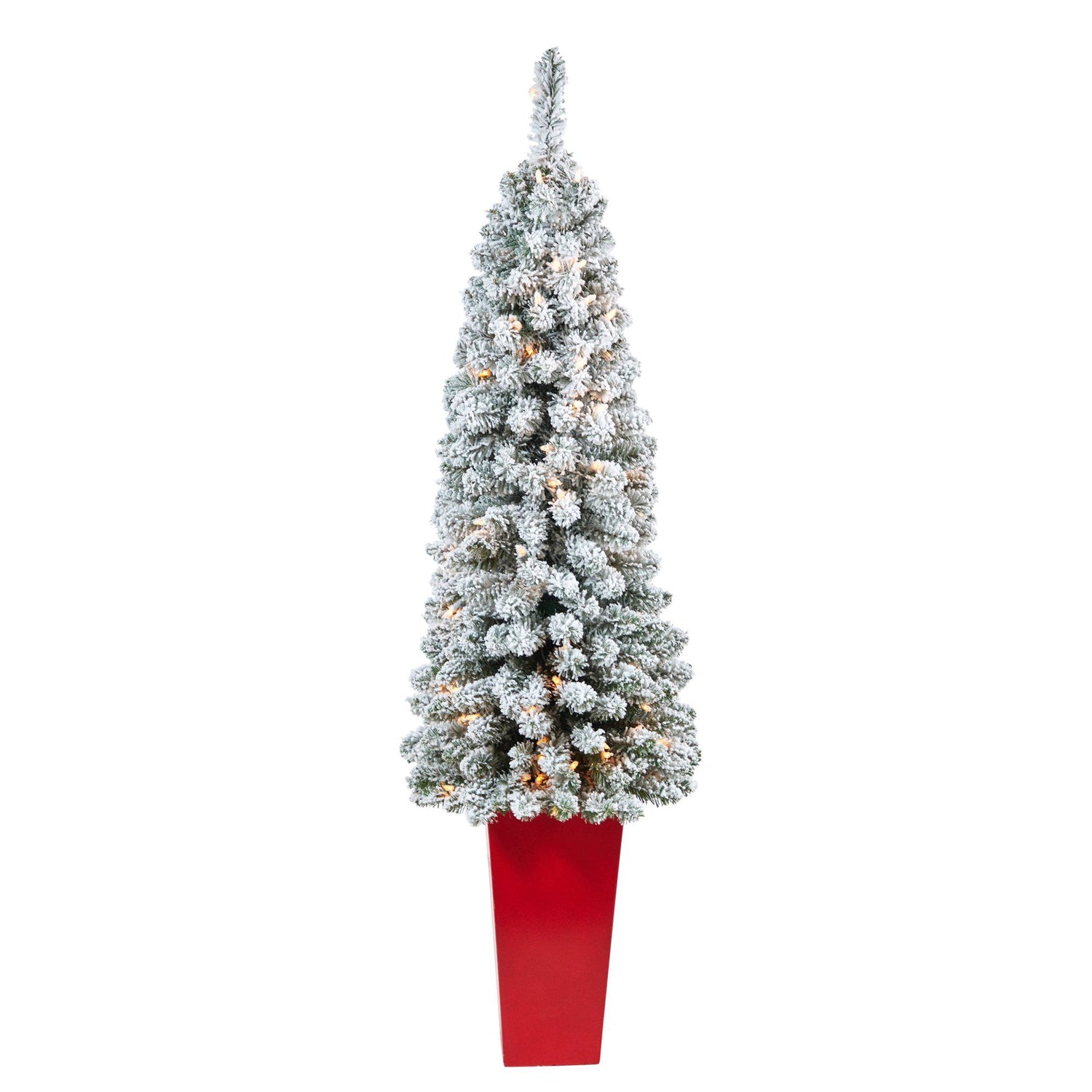 4.5’ Flocked Pencil Artificial Christmas Tree with 100 Clear Lights and 216 Bendable Branches in Tower Planter