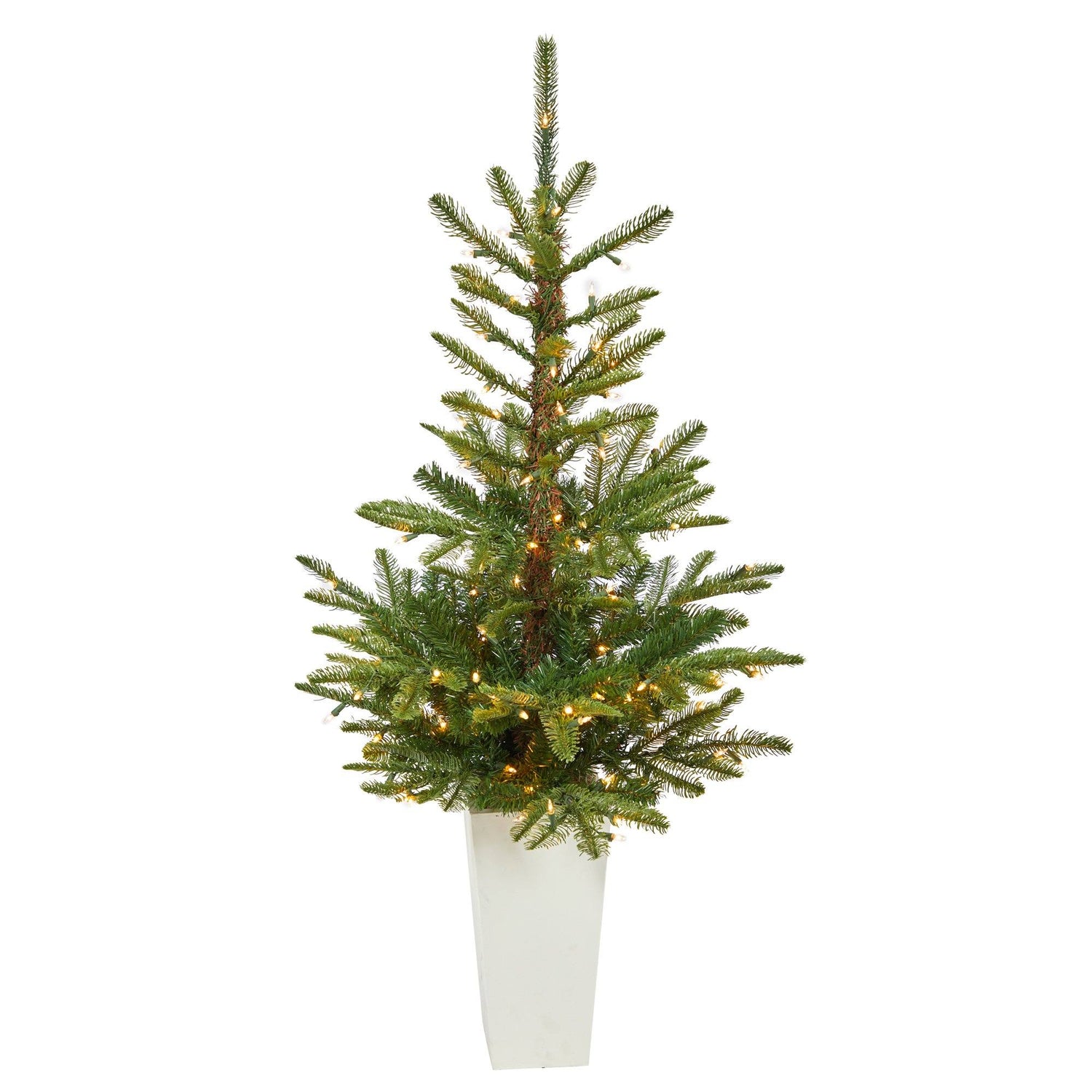 4.5’ Layered Washington Spruce Artificial Christmas Tree with 100 Clear LED Lights and 189 Bendable Branches in White Planter