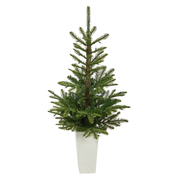 4.5’ Layered Washington Spruce Artificial Christmas Tree with 100 Clear LED Lights and 189 Bendable Branches in White Planter