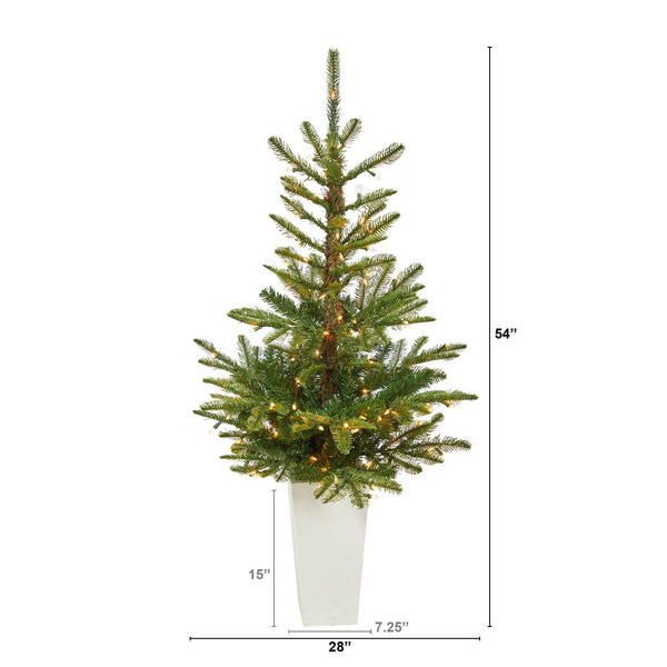 4.5’ Layered Washington Spruce Artificial Christmas Tree with 100 Clear LED Lights and 189 Bendable Branches in White Planter