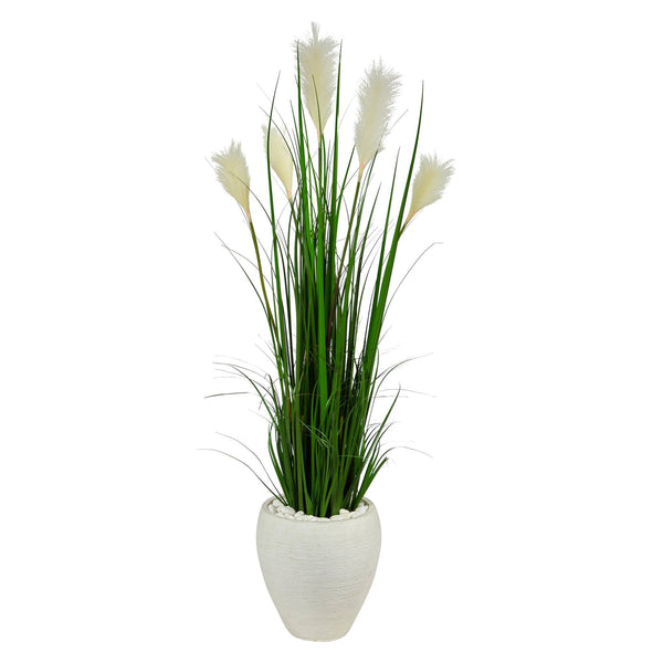 4.5’ Wheat Plum Grass Artificial Plant in White Planter