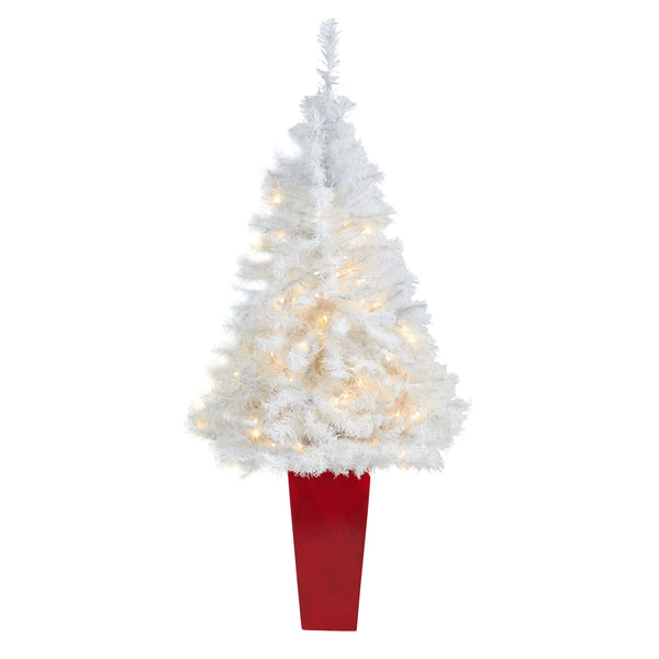 4.5' White Artificial Christmas Tree with 100 Clear LED Lights in Red Planter