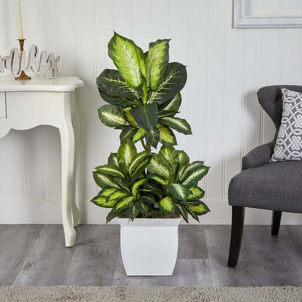 46” Golden Dieffenbachia Artificial Plant in White Metal Planter