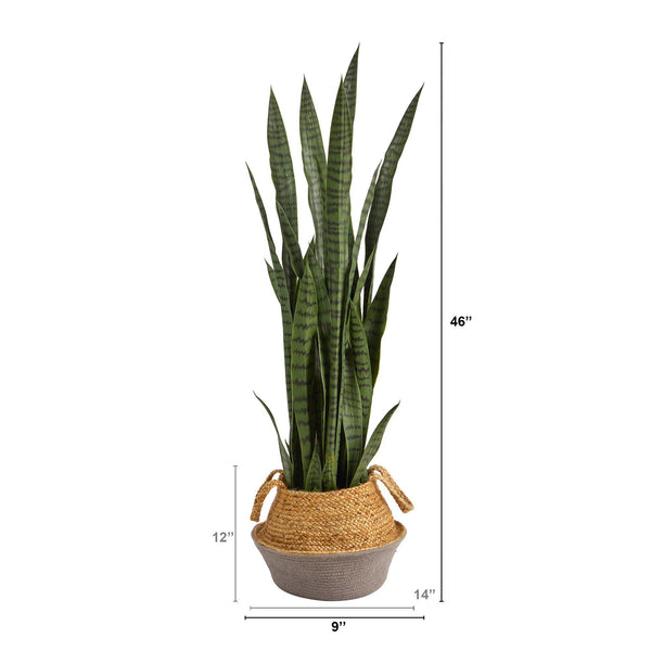 46” Sansevieria Artificial Plant in Boho Chic Handmade Cotton & Jute Gray Woven Planter