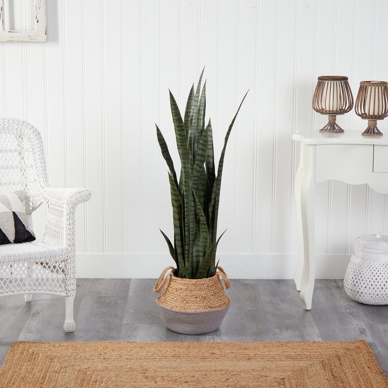 46” Sansevieria Artificial Plant in Boho Chic Handmade Cotton & Jute Gray Woven Planter