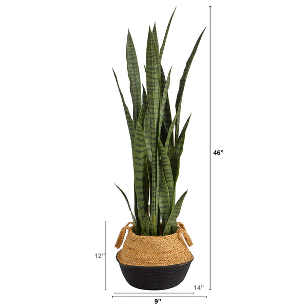 46” Sansevieria Plant in Cotton & Jute Black Woven Planter