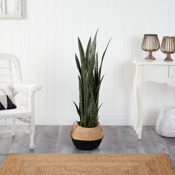 46” Sansevieria Plant in Cotton & Jute Black Woven Planter