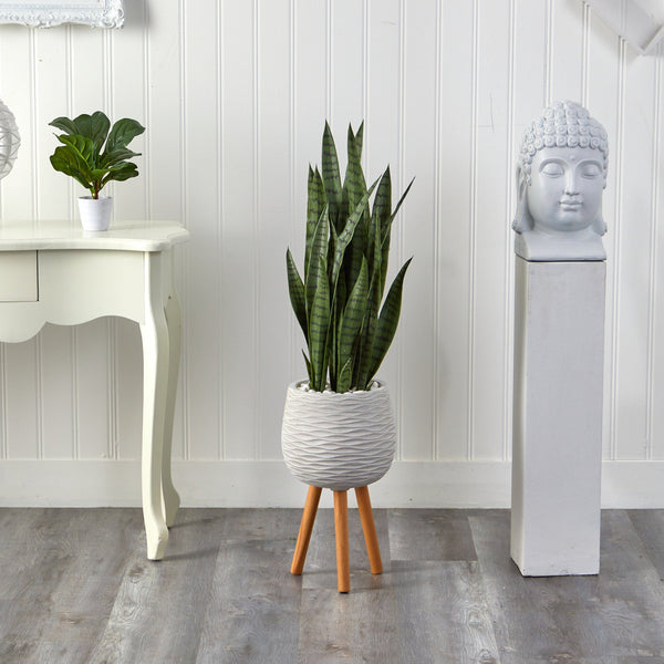 46” Sansevieria Artificial Plant in White Planter with Stand