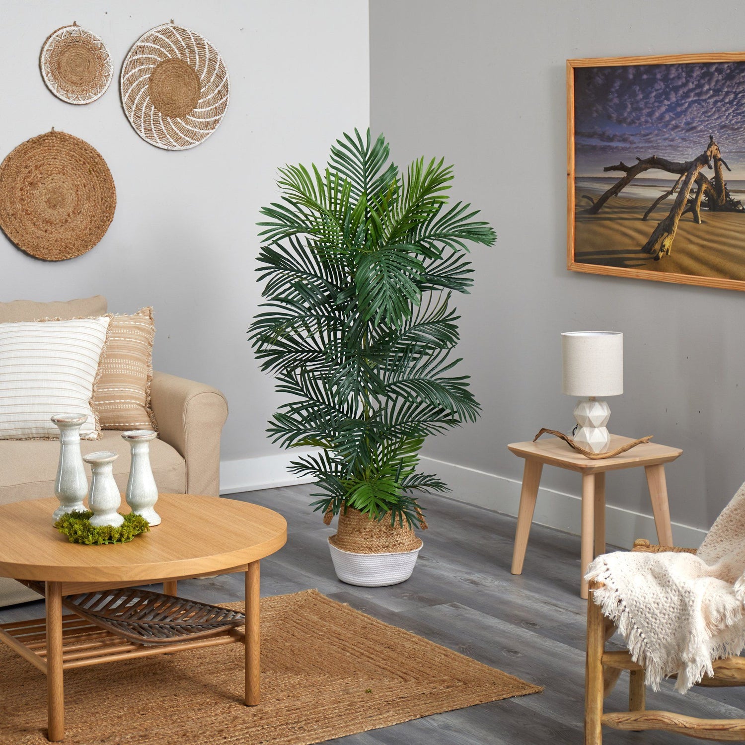 5’ Areca Palm Tree in Boho Chic Handmade Cotton & Jute White Woven Planter UV Resistant