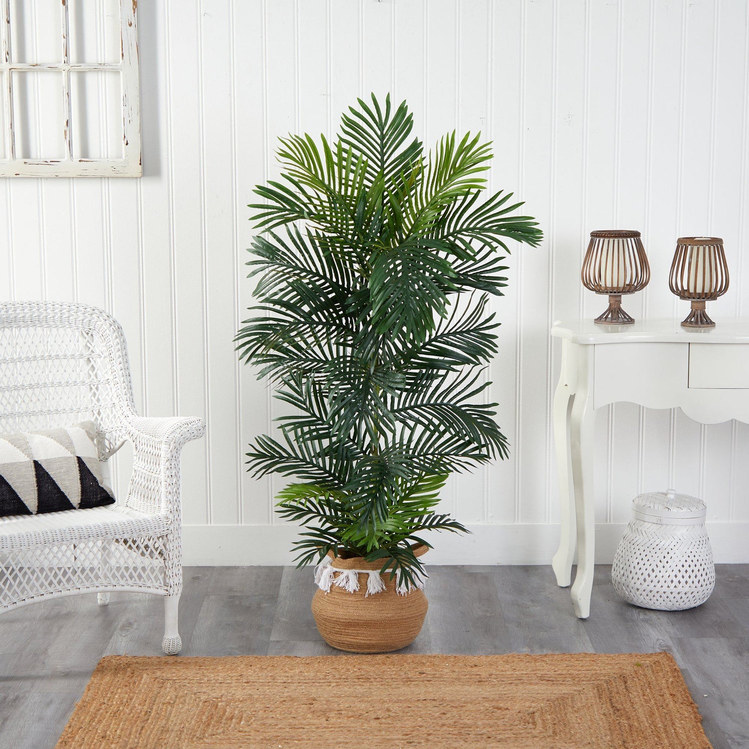 5’ Areca Palm Tree in Boho Chic Handmade Natural Cotton Woven Planter with Tassels UV Resistant