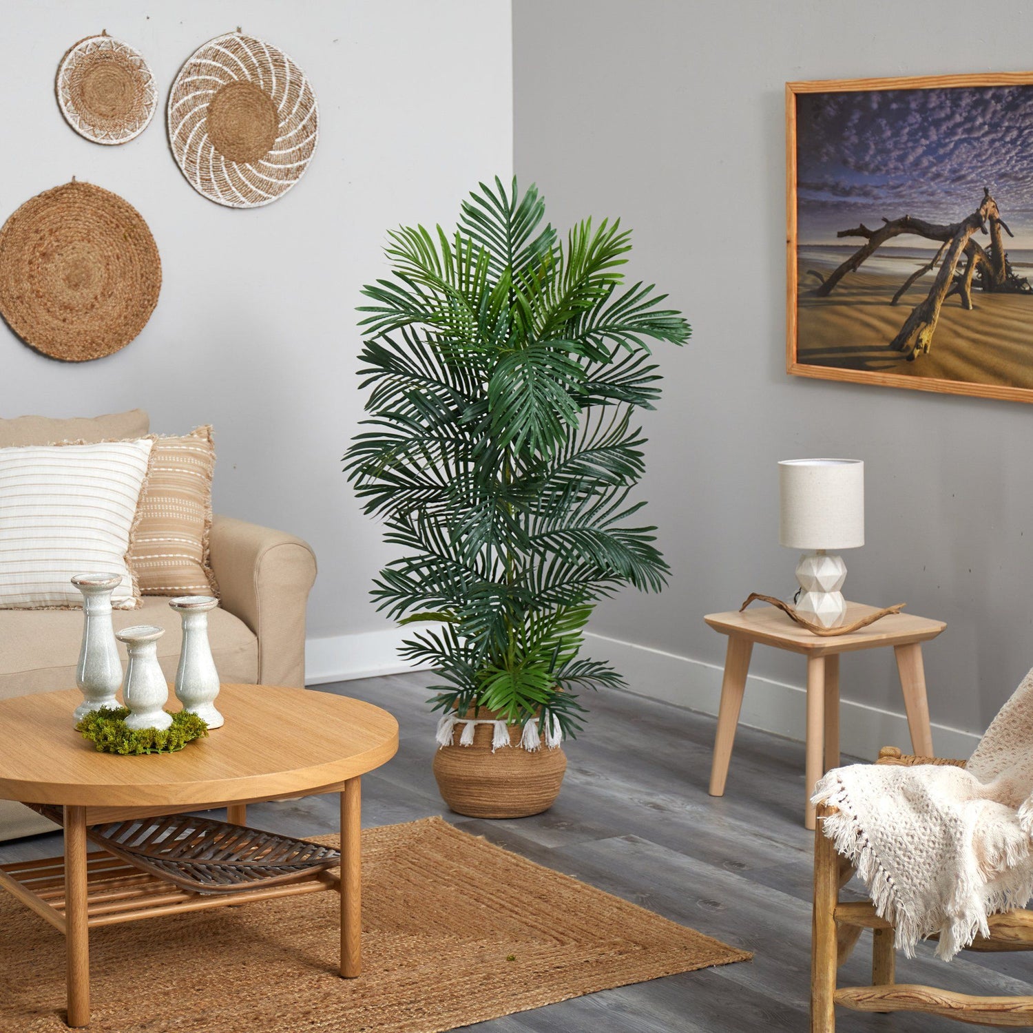 5’ Areca Palm Tree in Boho Chic Handmade Natural Cotton Woven Planter with Tassels UV Resistant