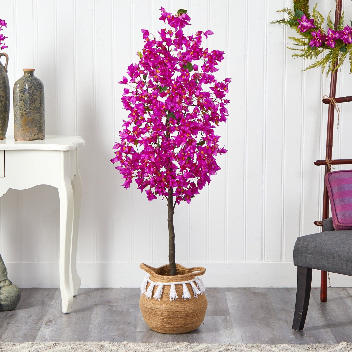 5’ Artificial Bougainvillea Tree with Handmade Jute & Cotton Basket with Tassels