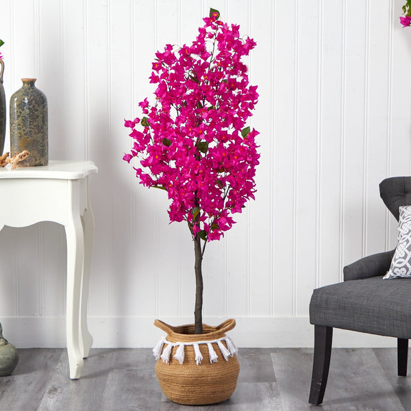 5’ Artificial Bougainvillea Tree with Handmade Jute & Cotton Basket with Tassels