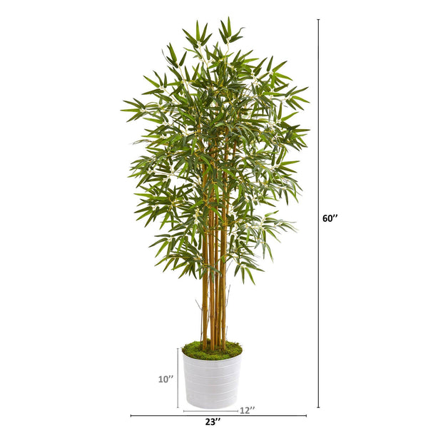 5’ Bamboo Artificial Tree in White Tin Planter