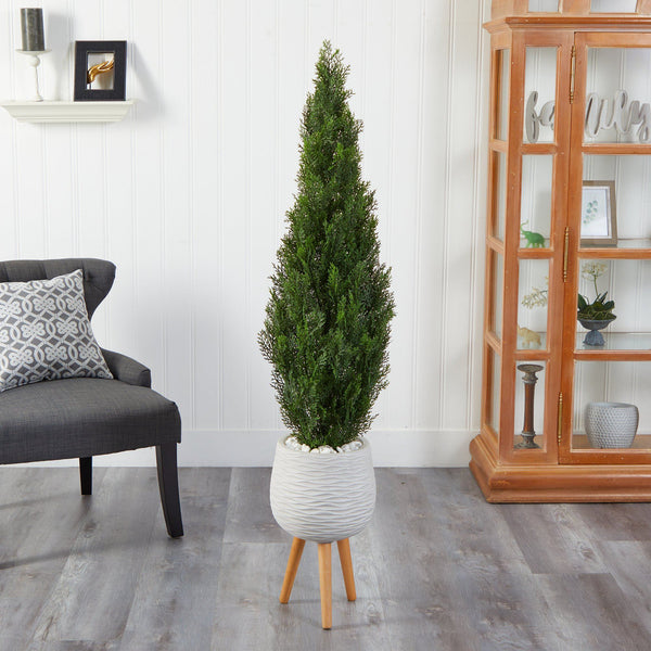 5' Cedar Artificial Tree in White Planter with Stand (Indoor/Outdoor)