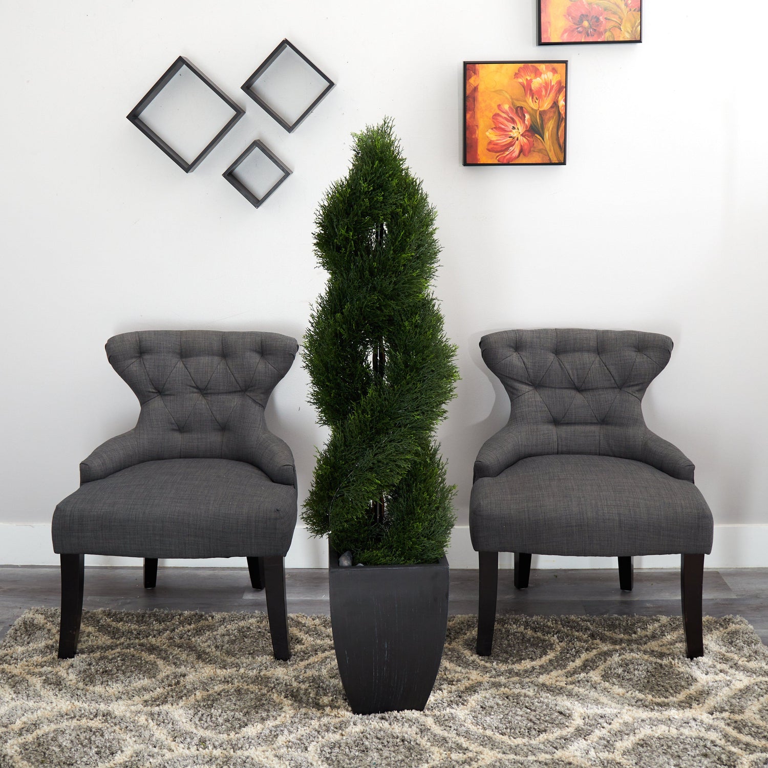 5’ Double Cypress Spiral Topiary Artificial Tree in Black Planter (Indoor/Outdoor)