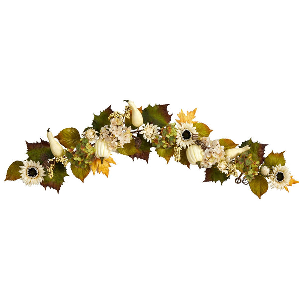 5’ Fall Sunflower, Hydrangea and White Pumpkin Artificial Autumn Garland