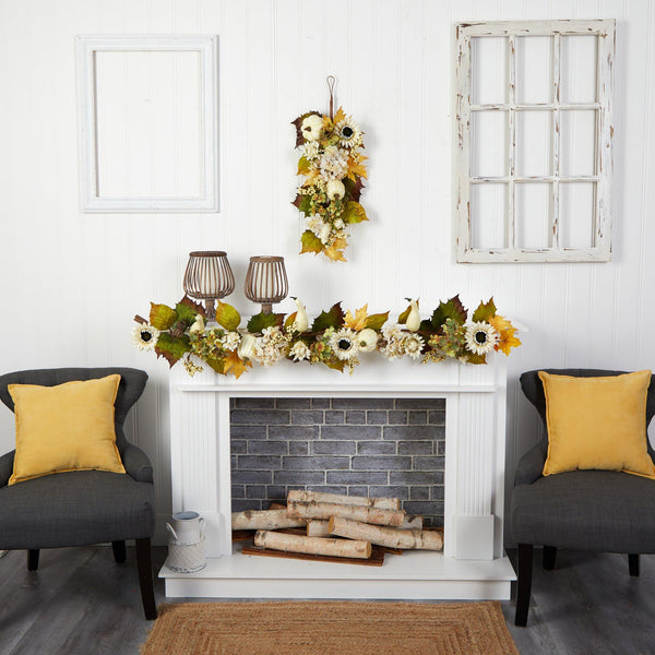 5’ Fall Sunflower, Hydrangea and White Pumpkin Artificial Autumn Garland