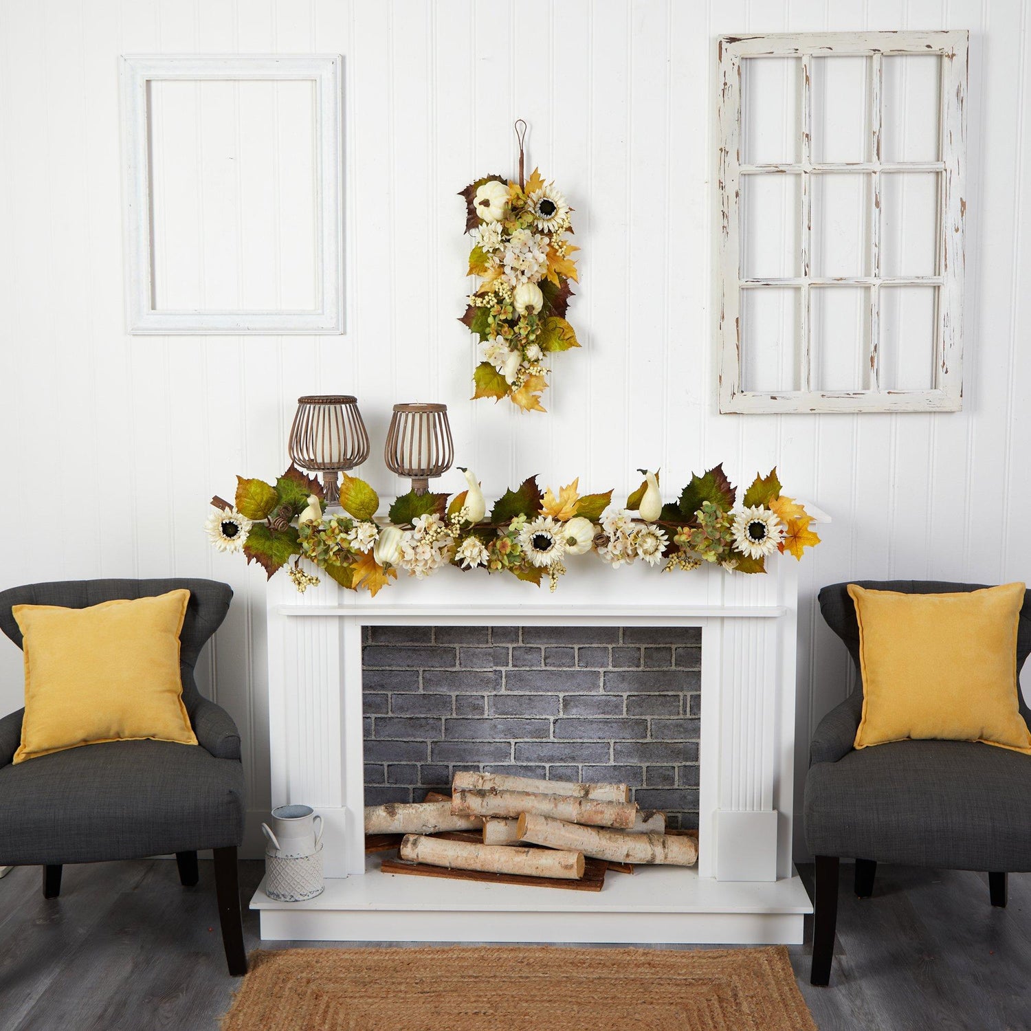 5’ Fall Sunflower, Hydrangea and White Pumpkin Artificial Autumn Garland