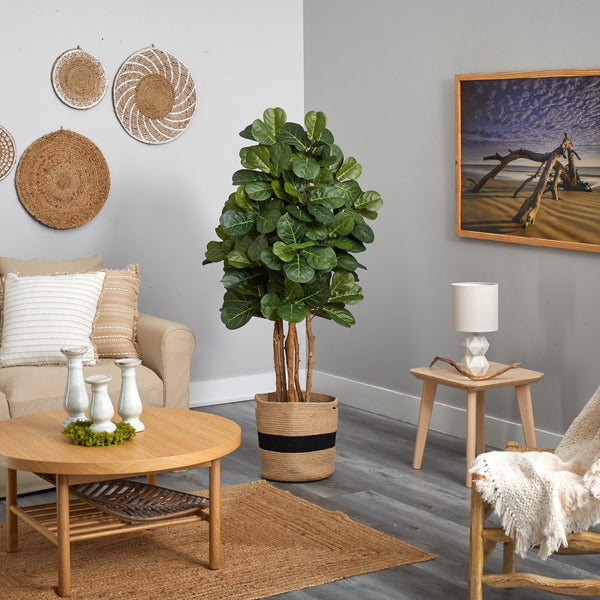 5’ Fiddle Leaf Fig Artificial Tree in Handmade Natural Cotton Planter