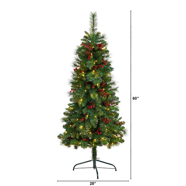 5’ Flat Back Montreal Mountain Artificial Christmas Tree with Pine Cones and Berries