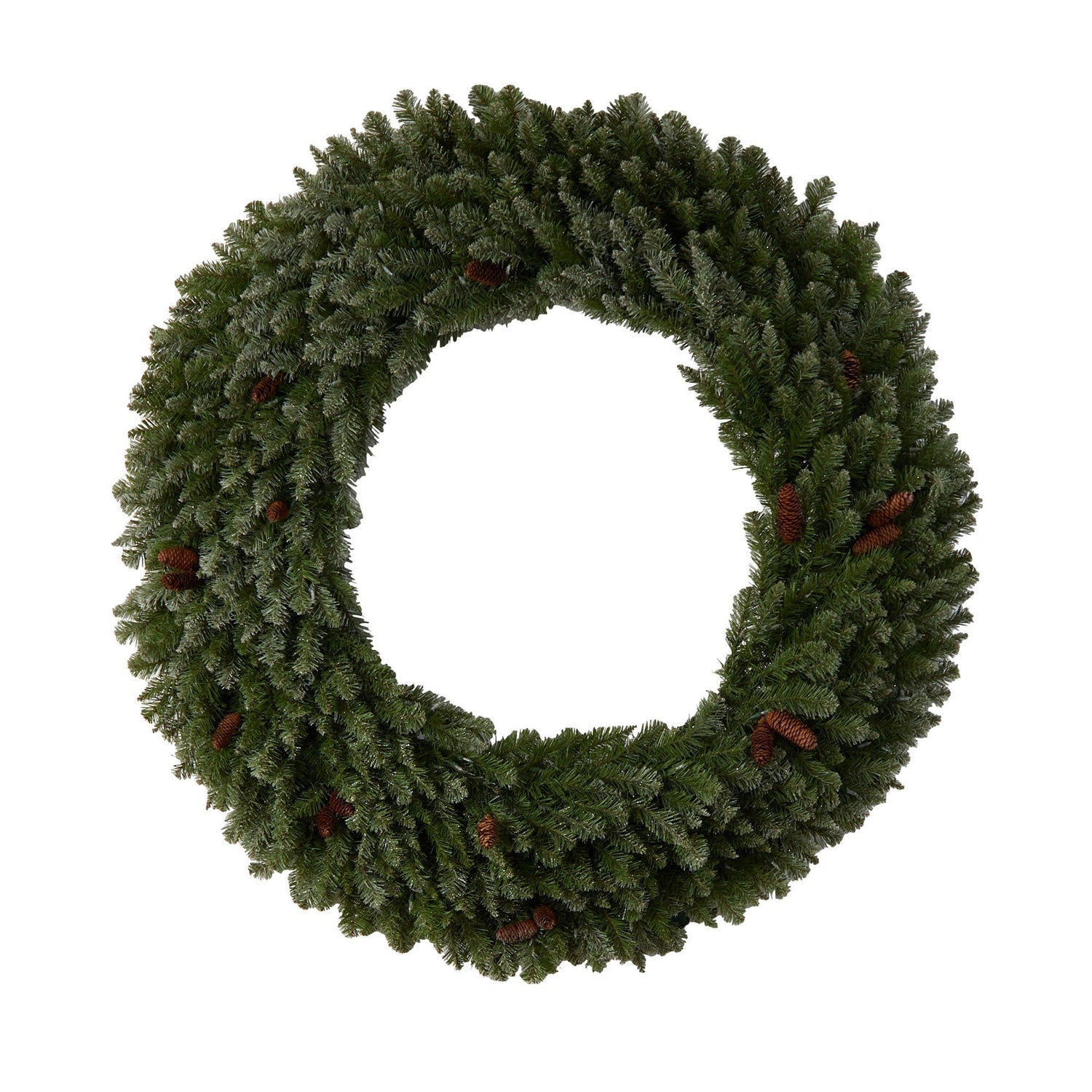 5’ Flocked Artificial Christmas Wreath with Pinecones, 300 Clear LED Lights and 680 Bendable Branches