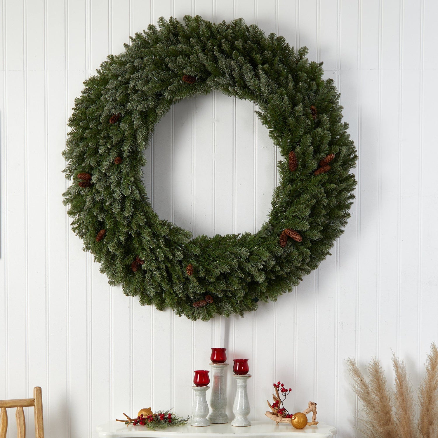 5’ Flocked Artificial Christmas Wreath with Pinecones, 300 Clear LED Lights and 680 Bendable Branches