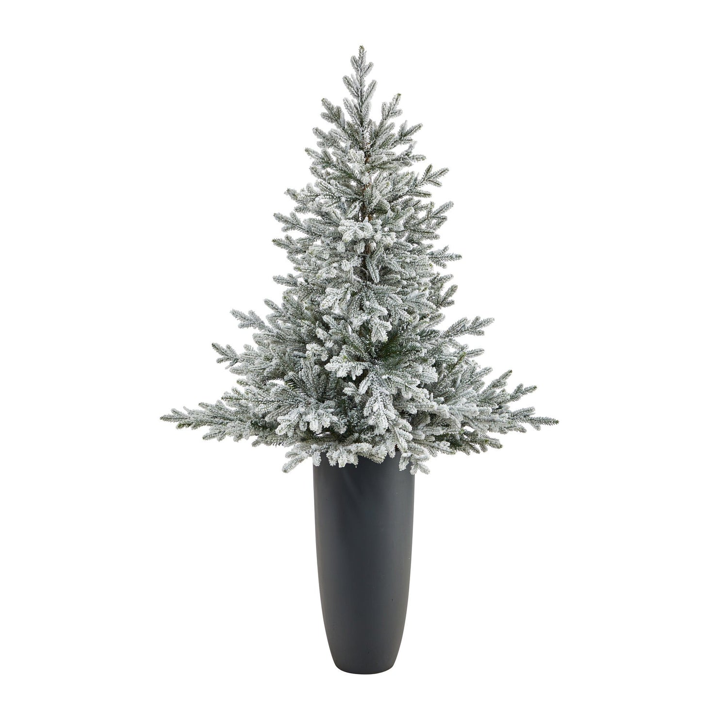 5’ Flocked Fraser Fir Artificial Christmas Tree with 300 Warm White Lights and 967 Bendable Branches in Gray Planter