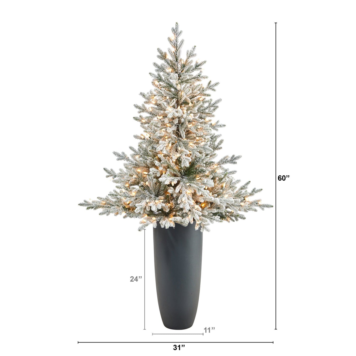 5’ Flocked Fraser Fir Artificial Christmas Tree with 300 Warm White Lights and 967 Bendable Branches in Gray Planter