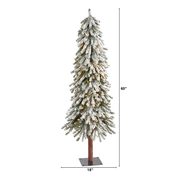 5’ Flocked Grand Alpine Artificial Christmas Tree with 200 Clear Lights and 469 Bendable Branches on Natural Trunk