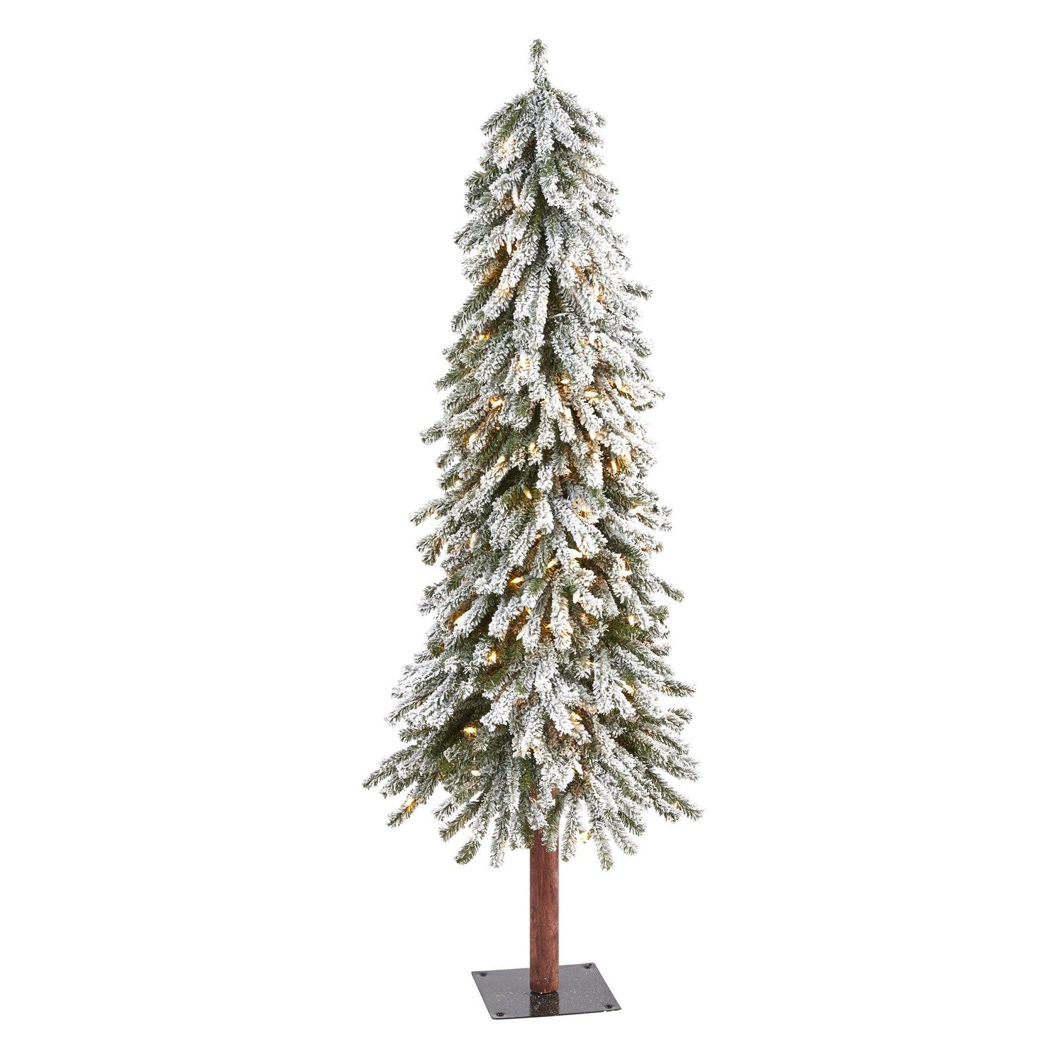 5’ Flocked Grand Alpine Artificial Christmas Tree with 200 Clear Lights and 469 Bendable Branches on Natural Trunk