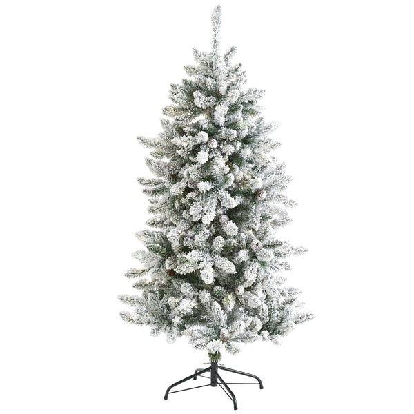 5’ Flocked Livingston Fir Artificial Christmas Tree with Pine Cones and 498 Bendable Branches