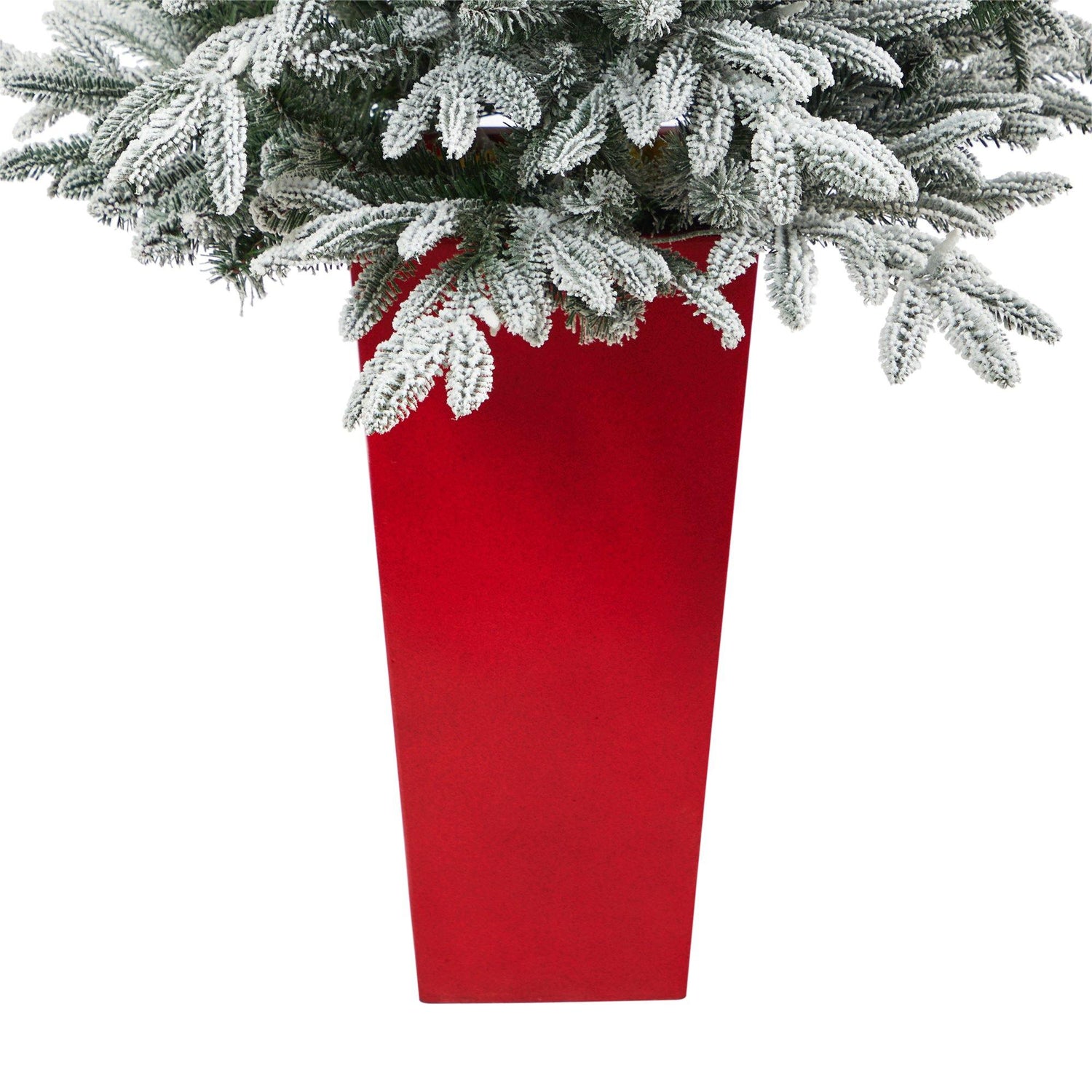 5’ Flocked Manchester Spruce Artificial Christmas Tree with 100 Lights and 357 Bendable Branches in Red Tower Planter